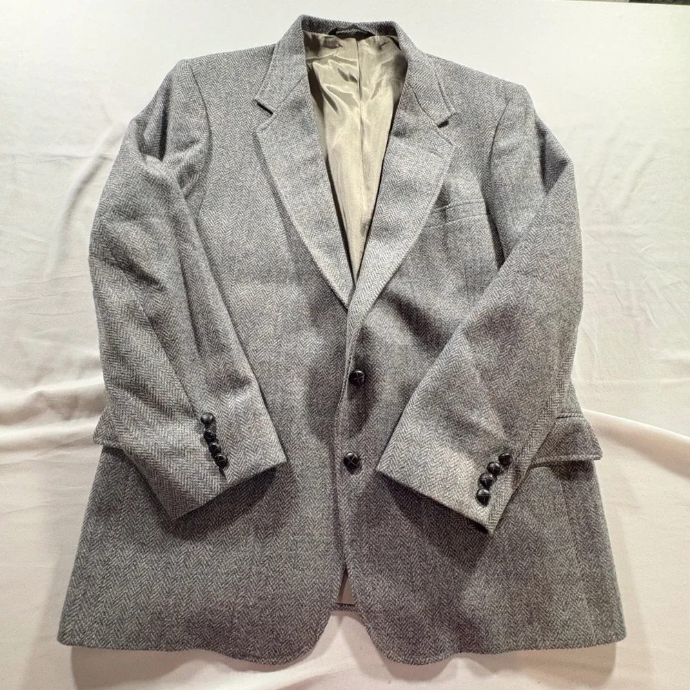 Oakton Ltd Wool Blazer Mens 46R Grey Herringbone Windowpane Sport Coat USA Made